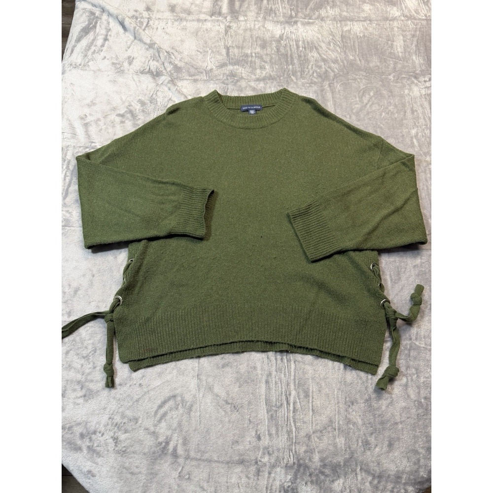 Saks Fifth Avenue Women's Green Sweater Lace Up Sides Merino Wool/Cashmere Blend